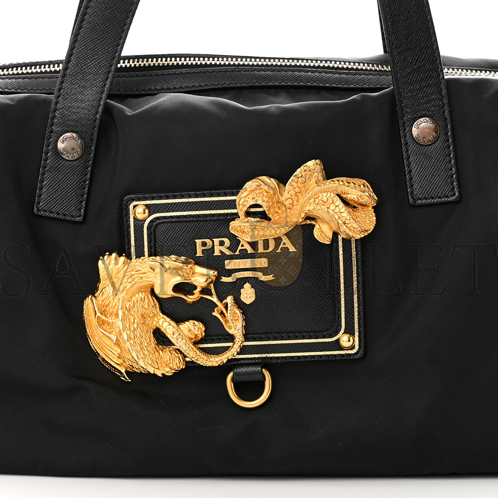 PRADA NYLON ANIMALIER BOSTON BAG BLACK (33*20*15cm)