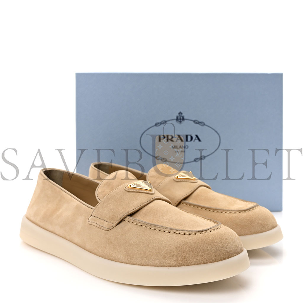 PRADA VITELLO SCAMOSCIATO METAL TRIANGLE LOGO SAINT TROPEZ 25MM LOAFERS 40 ECRU