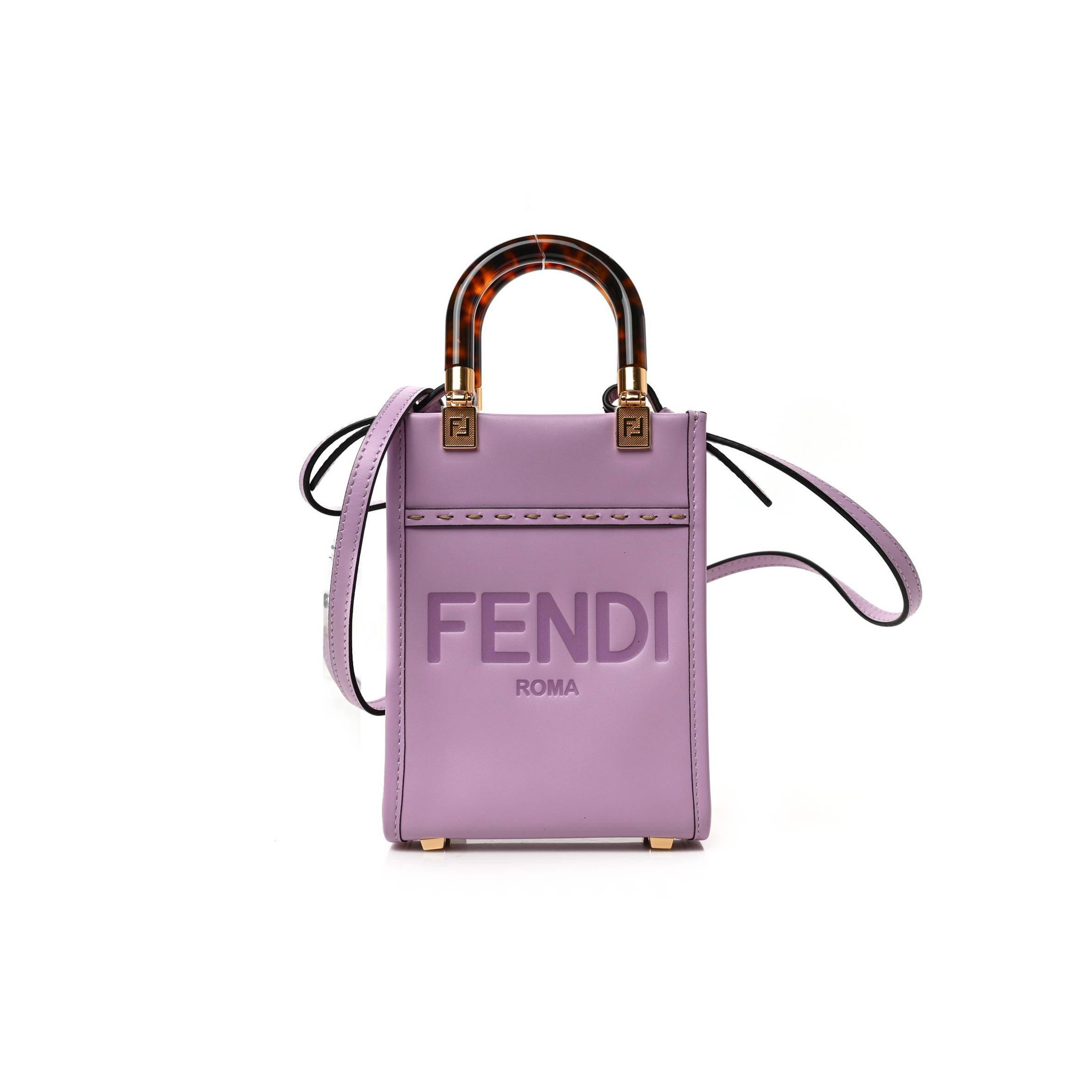 FENDI VITELLO KING PLEXIGLASS LOGO EMBOSSED MINI FENDI SUNSHINE SHOPPER TOTE LAVANDA (18*13*6cm)