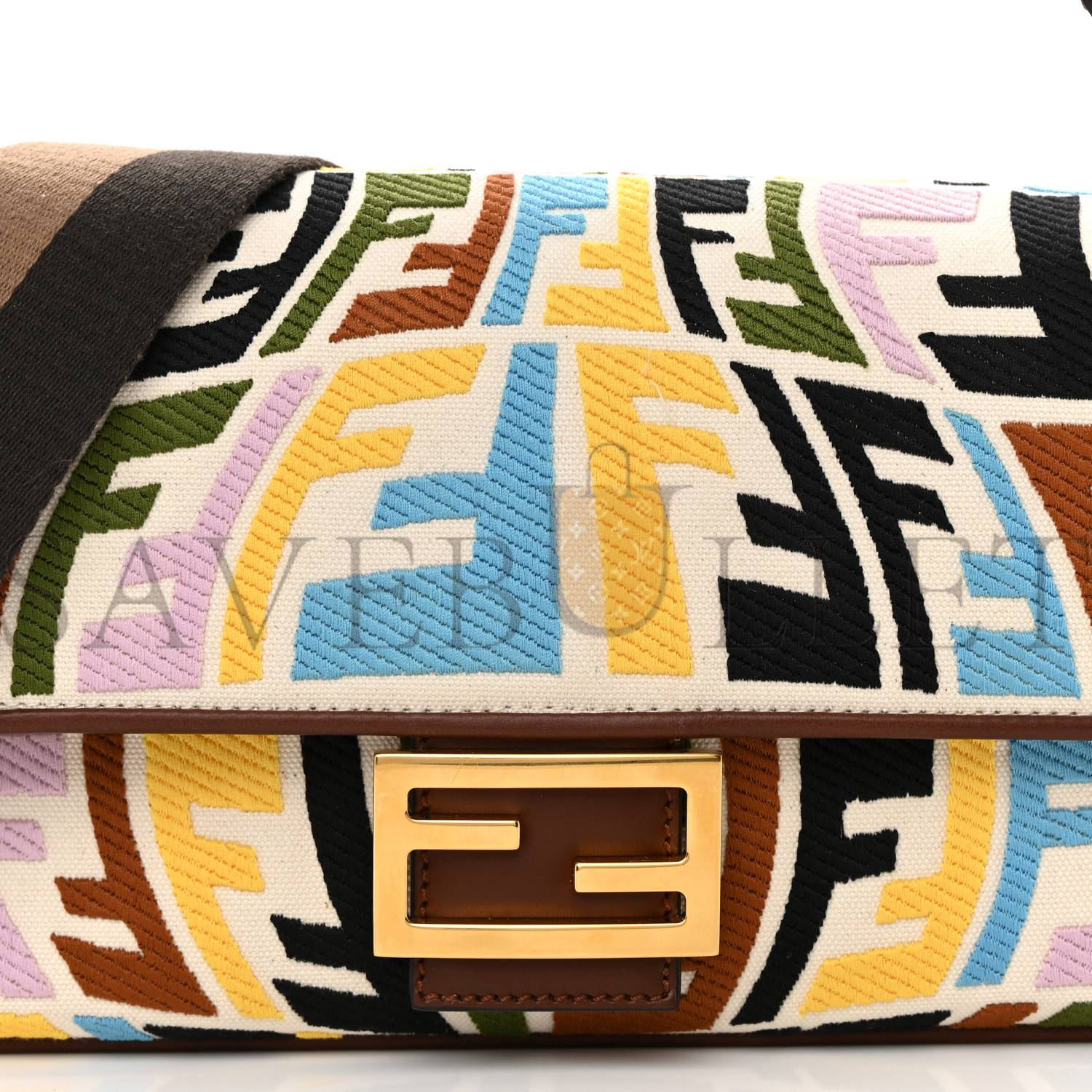 FENDI X SARA COLEMAN CANVAS VITELLO KING SETA FF FISH EYE EMBROIDERED BAGUETTE GREZZO MULTICOLOR GHIANDA (28*15*6cm)