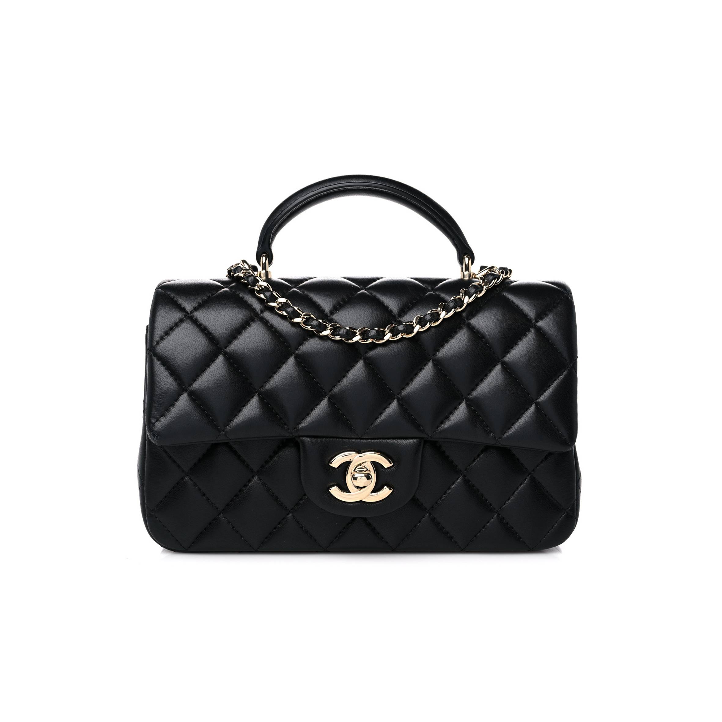 CHANEL LAMBSKIN QUILTED MINI TOP HANDLE RECTANGULAR FLAP BLACK ROSE GOLD HARDWARE0 (20*13*6cm)