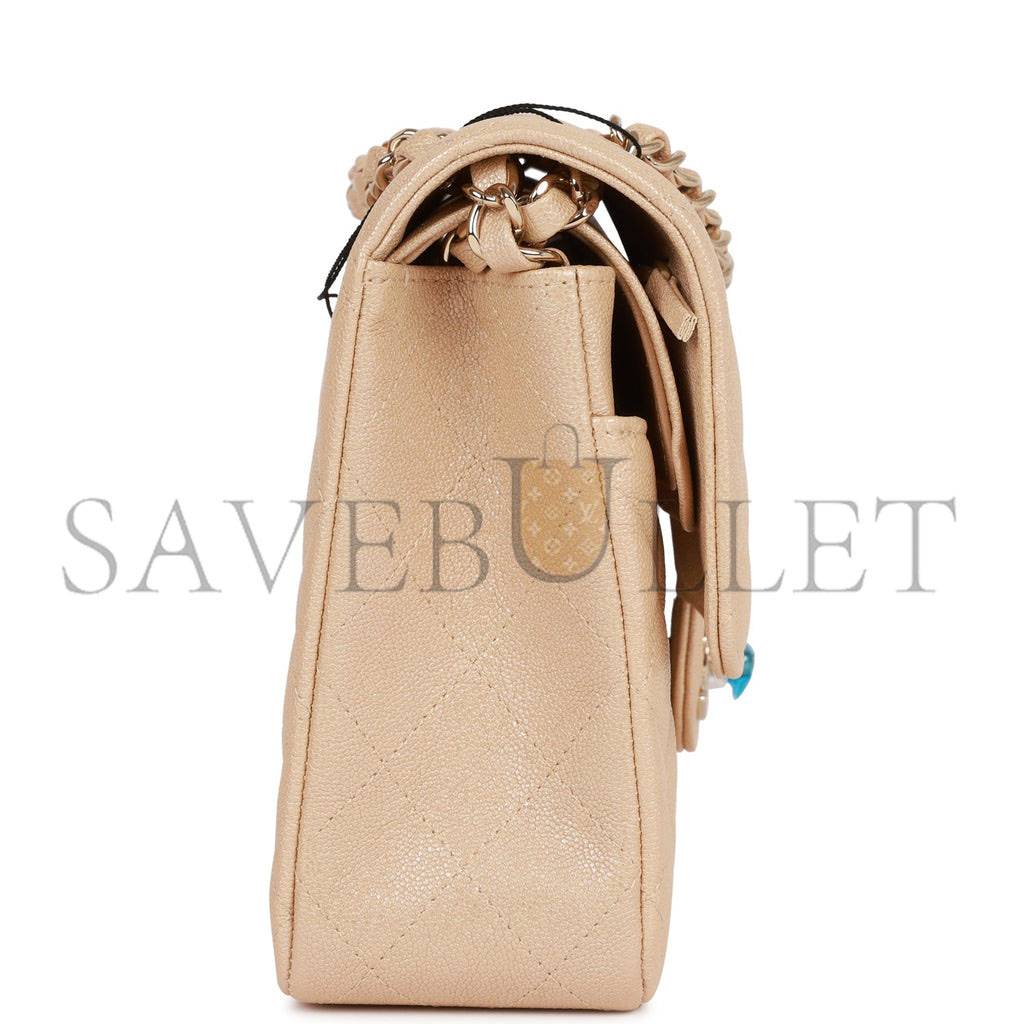 CHANEL MEDIUM CLASSIC DOUBLE FLAP BAG BEIGE IRIDESCENT CAVIAR LIGHT GOLD HARDWARE (25*15*7cm)