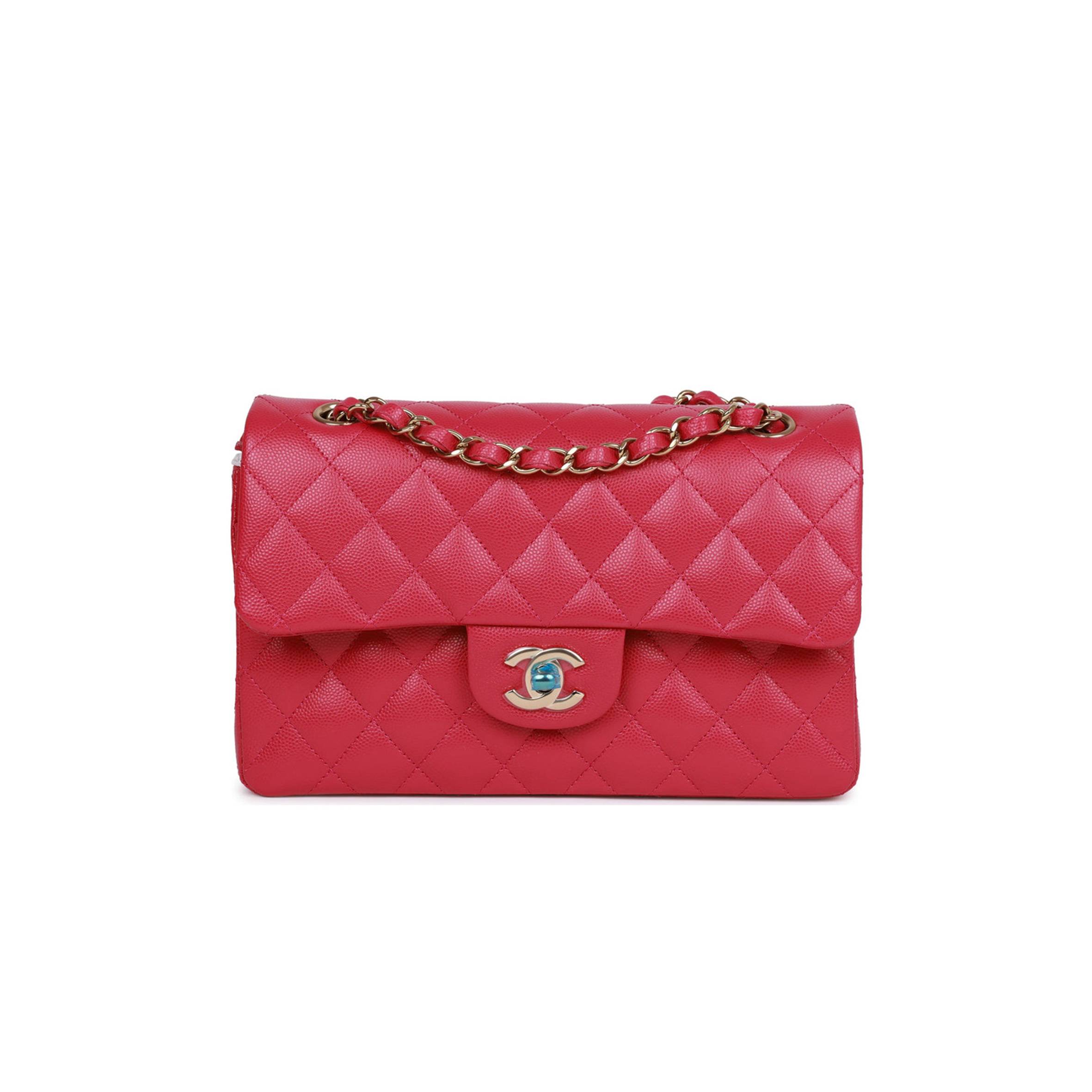 CHANEL SMALL CLASSIC DOUBLE FLAP FUCHSIA CAVIAR LIGHT GOLD HARDWARE (23*13*6cm)