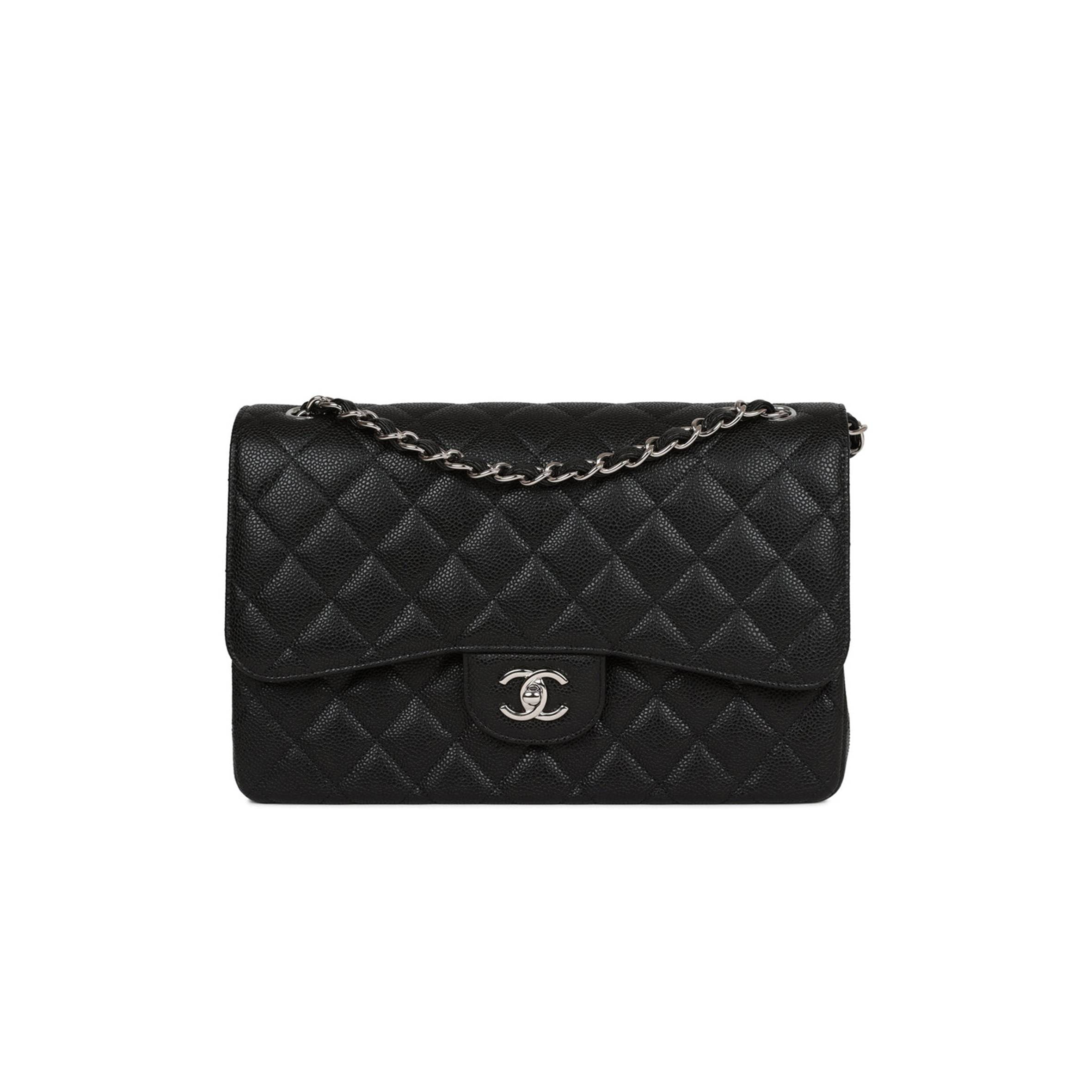 CHANEL JUMBO CLASSIC DOUBLE FLAP BAG BLACK CAVIAR SILVER HARDWARE (30*20*9cm)