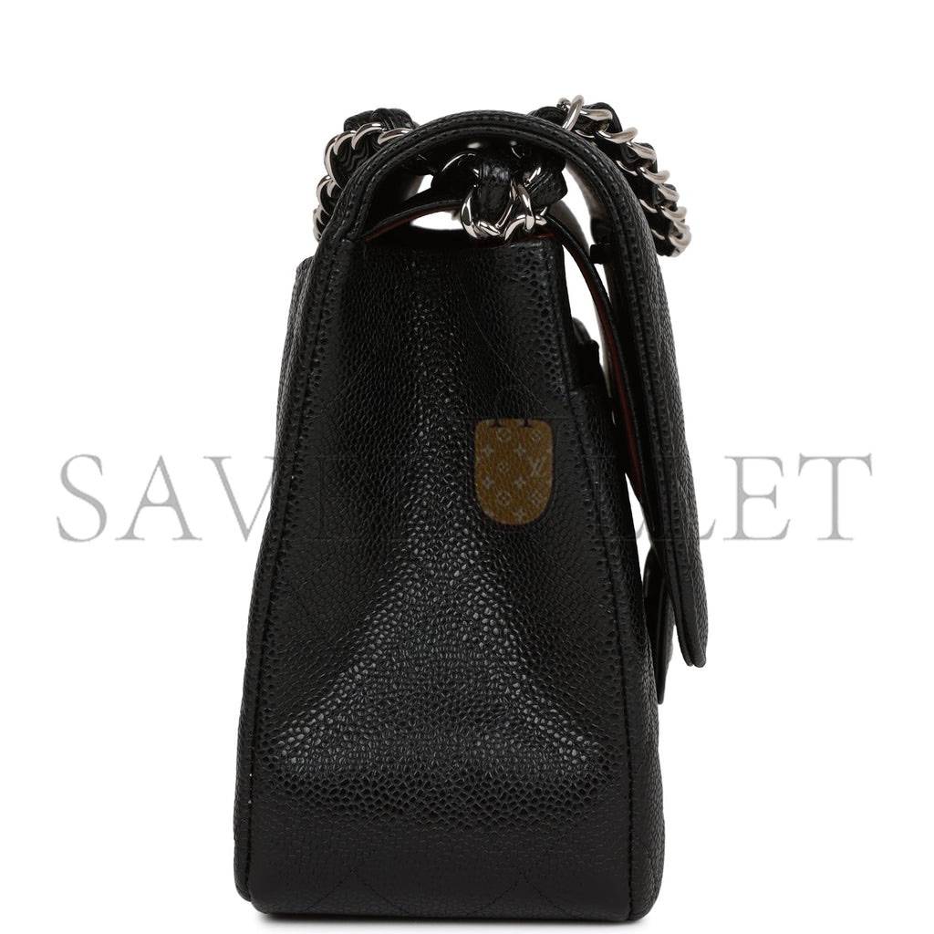 CHANEL JUMBO CLASSIC DOUBLE FLAP BAG BLACK CAVIAR SILVER HARDWARE (30*20*9cm)