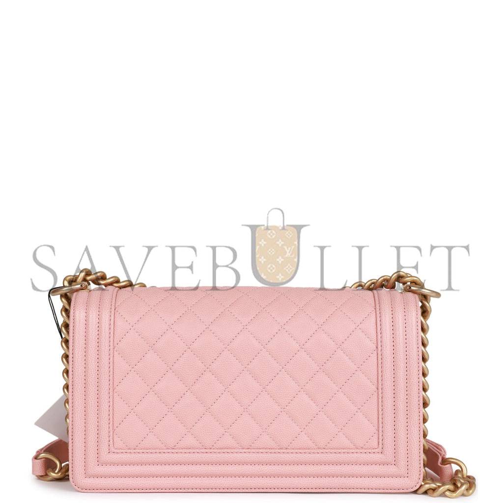 CHANEL MEDIUM BOY BAG PINK CAVIAR ANTIQUE GOLD HARDWARE (25*15*9cm)