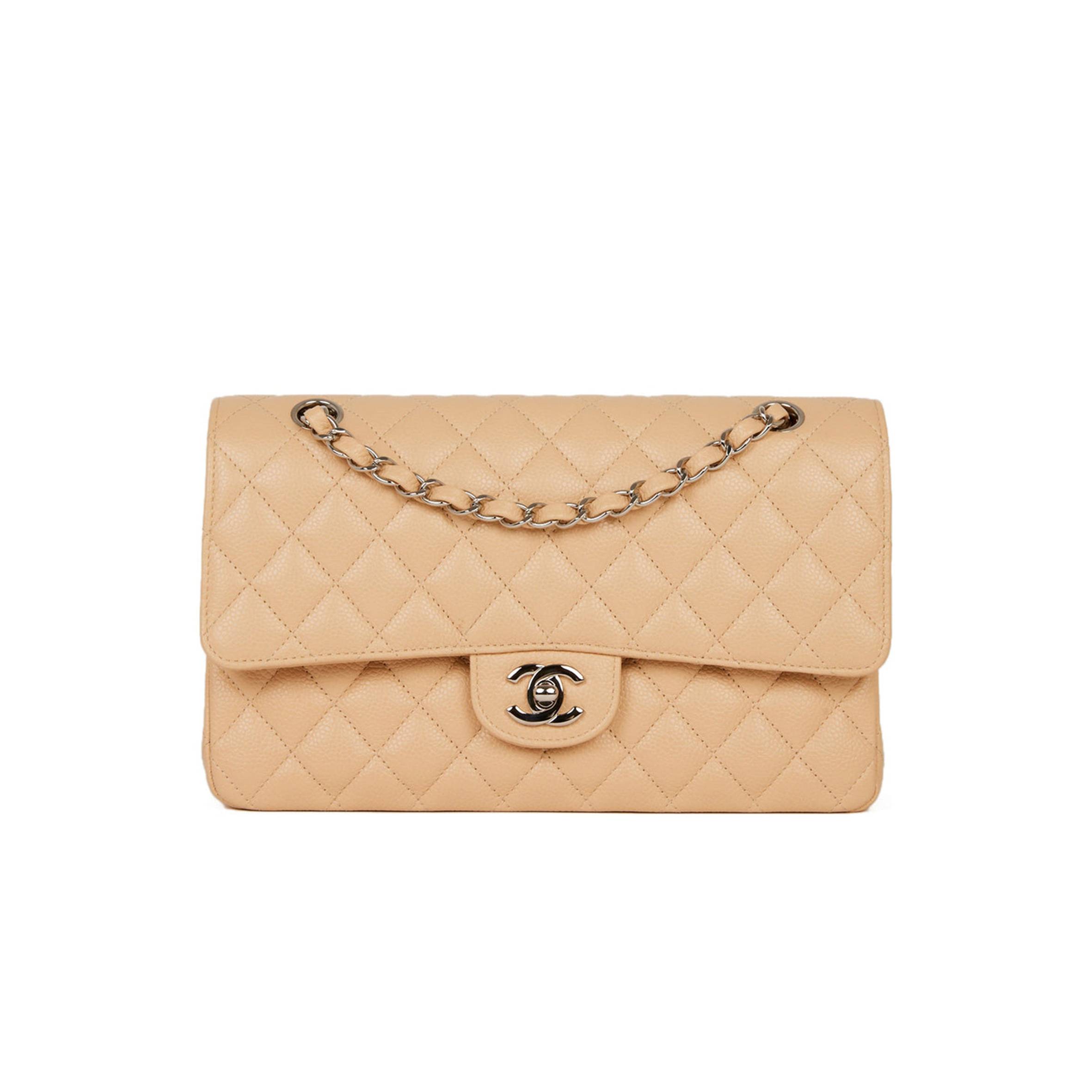 CHANEL MEDIUM CLASSIC DOUBLE FLAP BAG BEIGE CAVIAR SILVER HARDWARE (25*15*7cm)