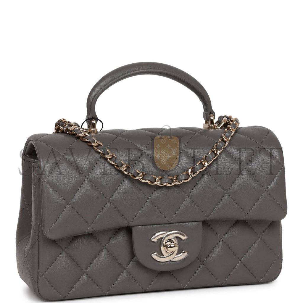 CHANEL MINI RECTANGULAR FLAP BAG WITH TOP HANDLE DARK GREY LAMBSKIN LIGHT GOLD HARDWARE (22*15*8cm)