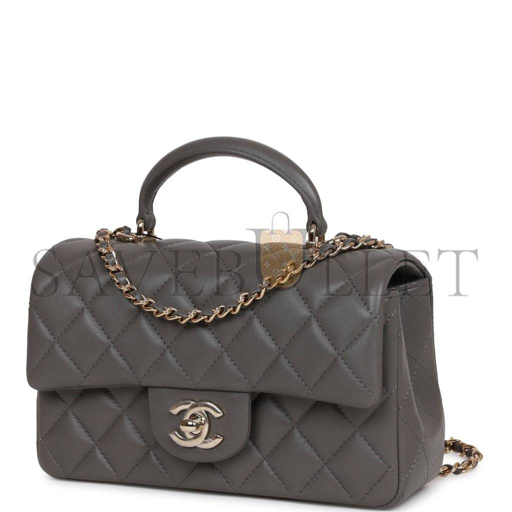 CHANEL MINI RECTANGULAR FLAP BAG WITH TOP HANDLE DARK GREY LAMBSKIN LIGHT GOLD HARDWARE (22*15*8cm)