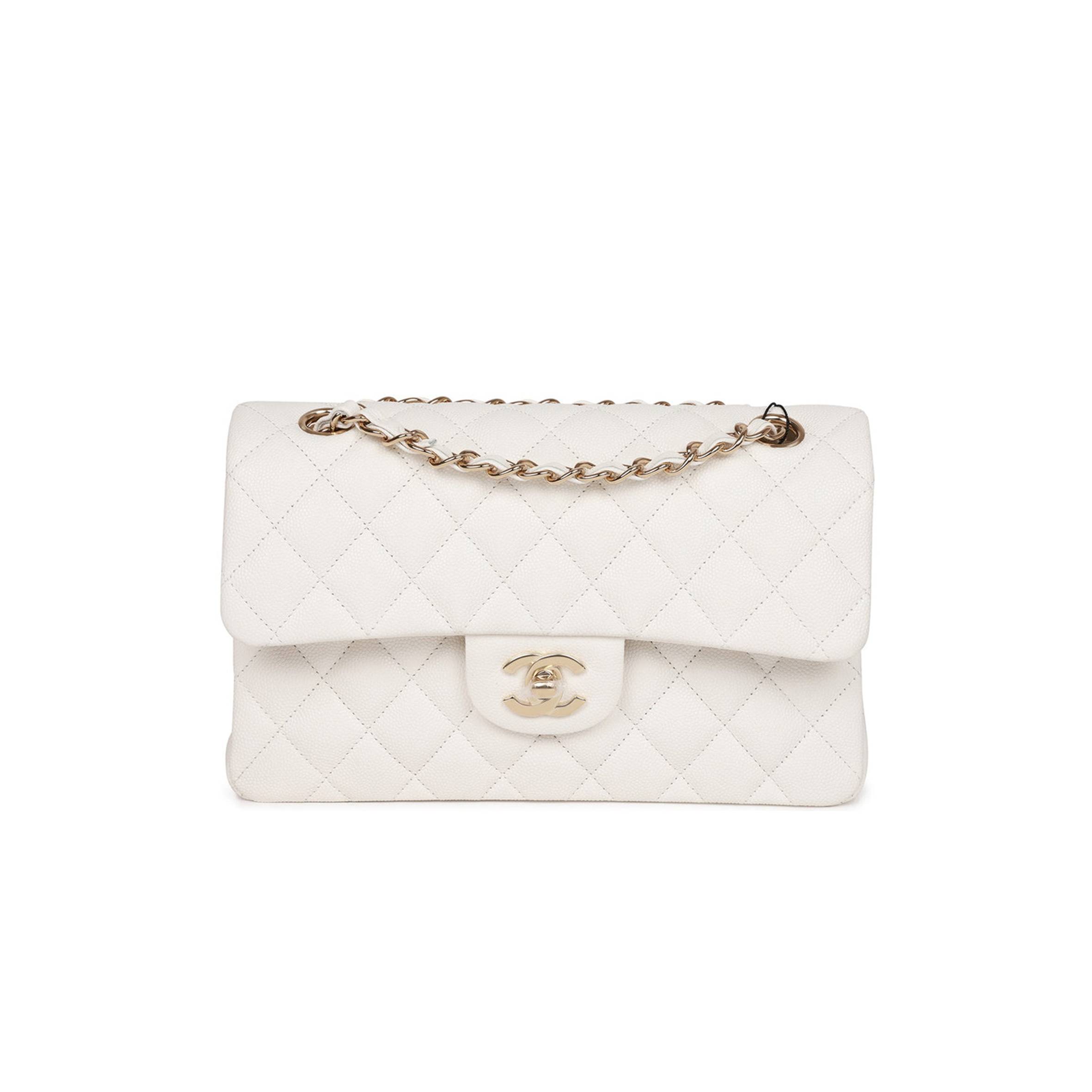 CHANEL SMALL CLASSIC DOUBLE FLAP WHITE CAVIAR  GOLD HARDWARE (23*13*6cm)