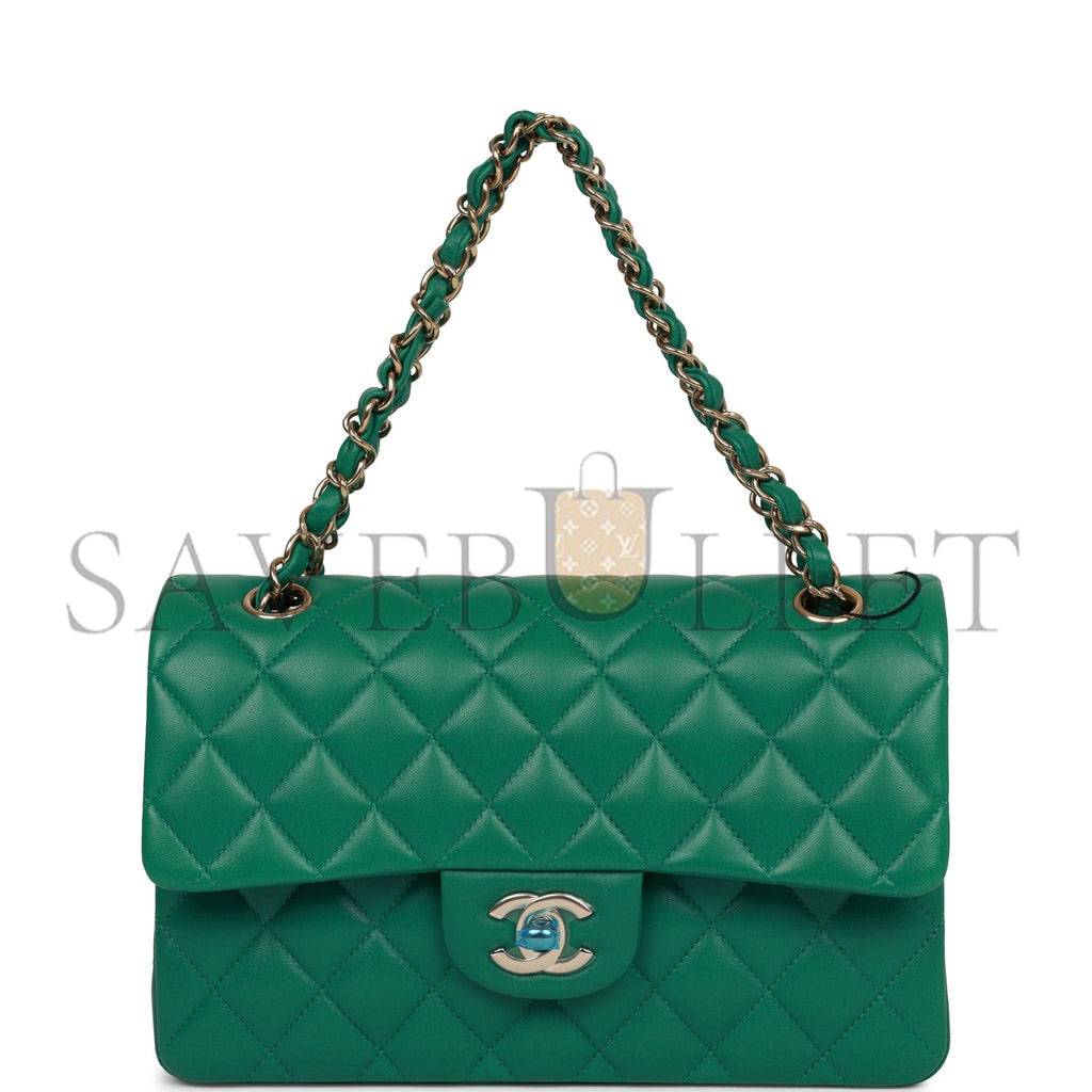 CHANEL SMALL CLASSIC DOUBLE FLAP BAG GREEN LAMBSKIN LIGHT GOLD HARDWARE (23*13*6cm)