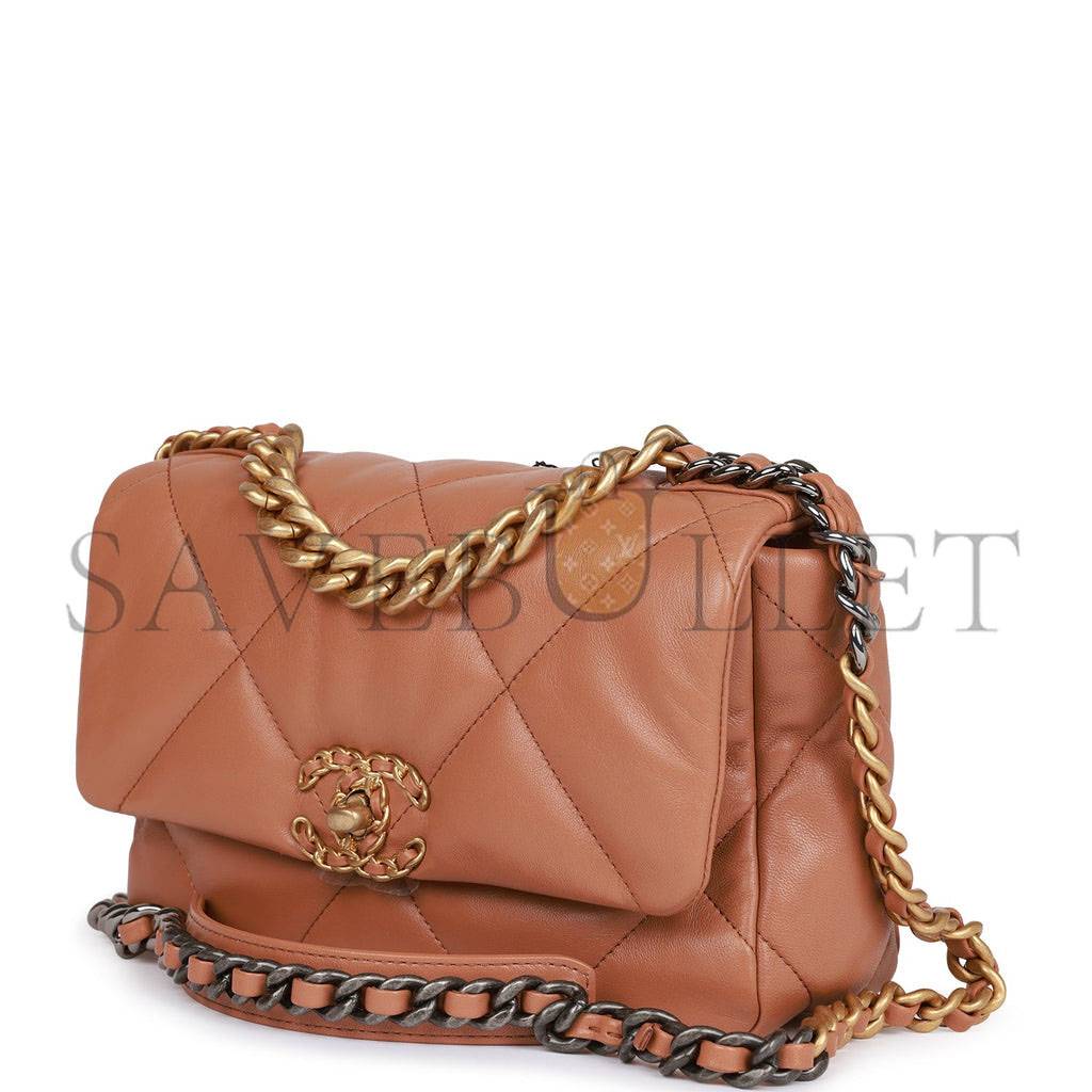 CHANEL MEDIUM 19 FLAP BAG CARAMEL CALFSKIN MIXED HARDWARE (25*16*9cm)