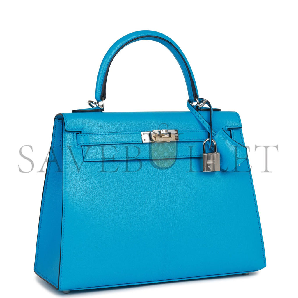 HERMES KELLY SELLIER 25 BLEU FRIDA CHEVRE PALLADIUM HARDWARE (25*17*7cm)