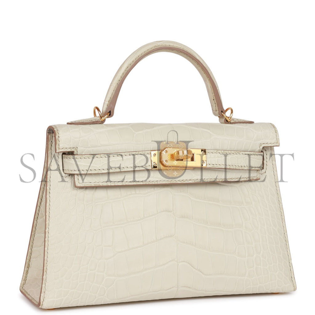 HERMES MINI KELLY SELLIER 20CM BETON MATTE ALLIGATOR GOLD HARDWARE (19*12*5.5cm)