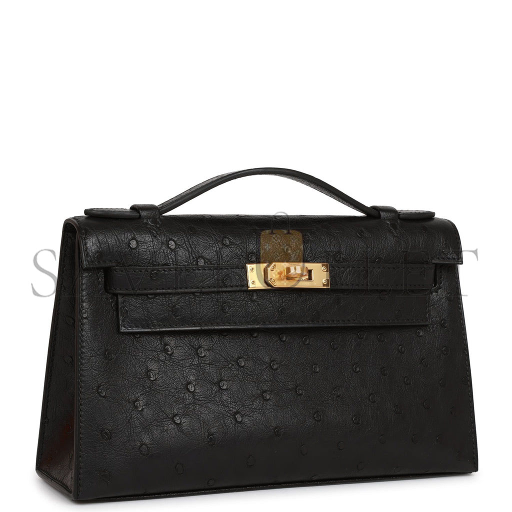 HERMES KELLY POCHETTE BLACK OSTRICH GOLD HARDWARE   (22*12*13cm)