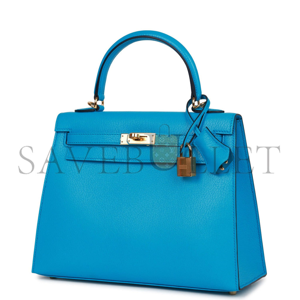 HERMES KELLY SELLIER 25 BLEU FRIDA CHEVRE GOLD HARDWARE   (25*17*7cm)