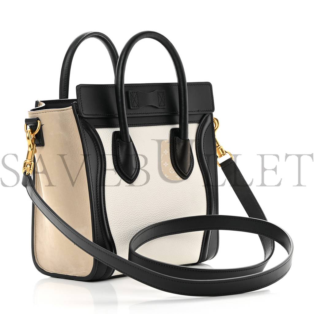 CELINE BABY GRAINED CALFSKIN NUBUCK NANO TRI-COLOR LUGGAGE WHITE LIGHT TAUPE (21*20*10cm)