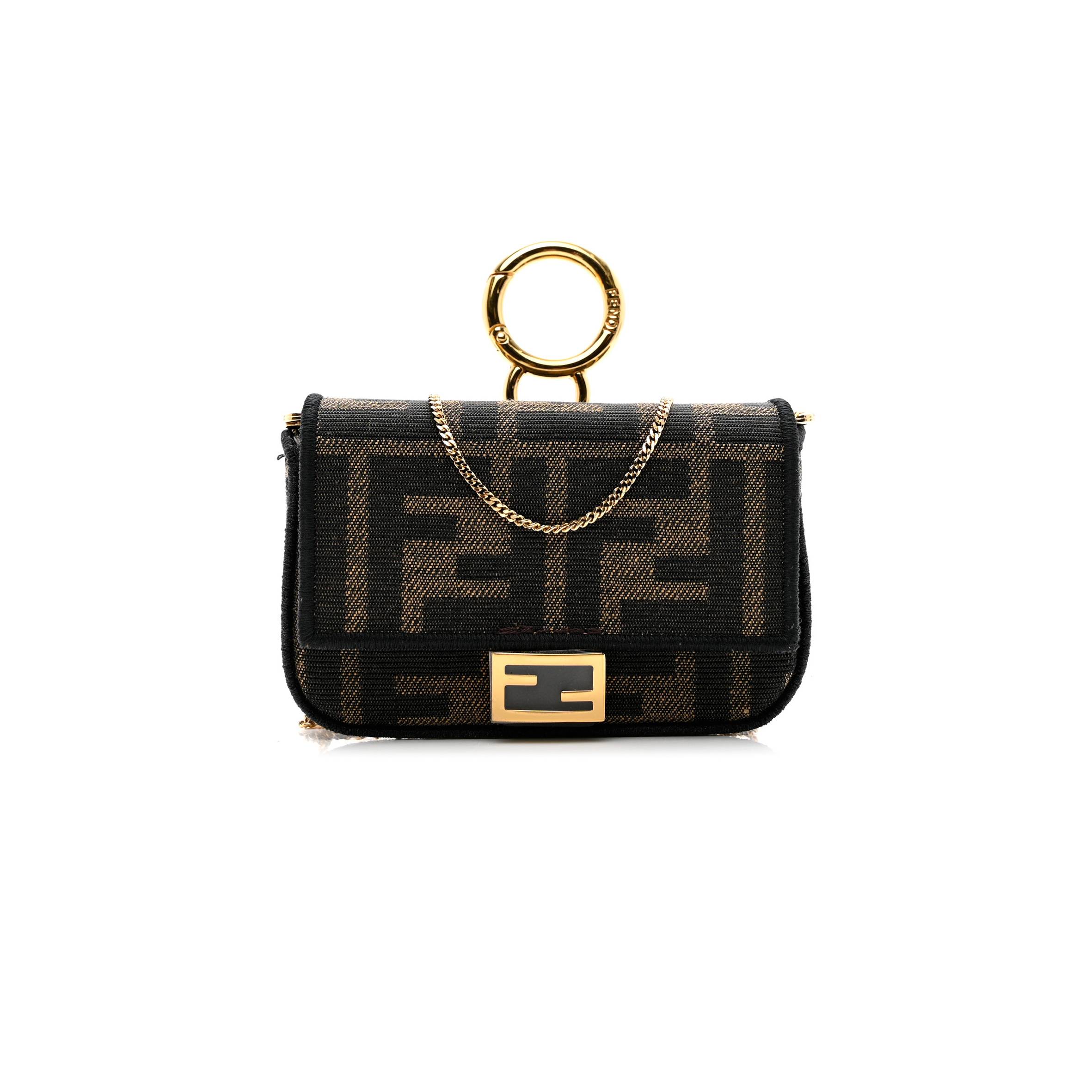 FENDI FABRIC JACQUARD FF 1974 NANO BAGUETTE CHARM TOBACCO MORO BLACK (10*6*3cm)